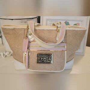 COACH POPPY COLLECTIBLE RAFFIA/GOLD/LAVENDER TOTE EUC 8×13 GORGEOUS